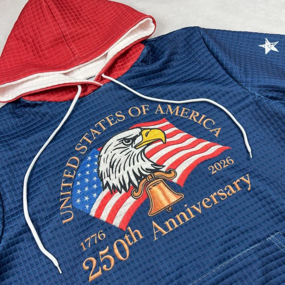 Hoodie Pullover Men XL Blue 250th Anniversary Eagle Graphic Hooded Pockets